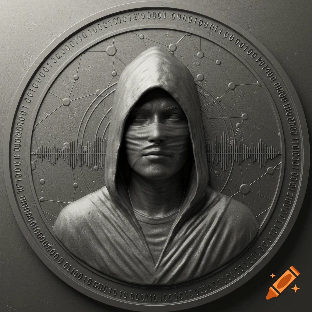 Bas relief of a hooded figure with a bandaged face on a circular coin, surrounded by binary code and a sound wave.