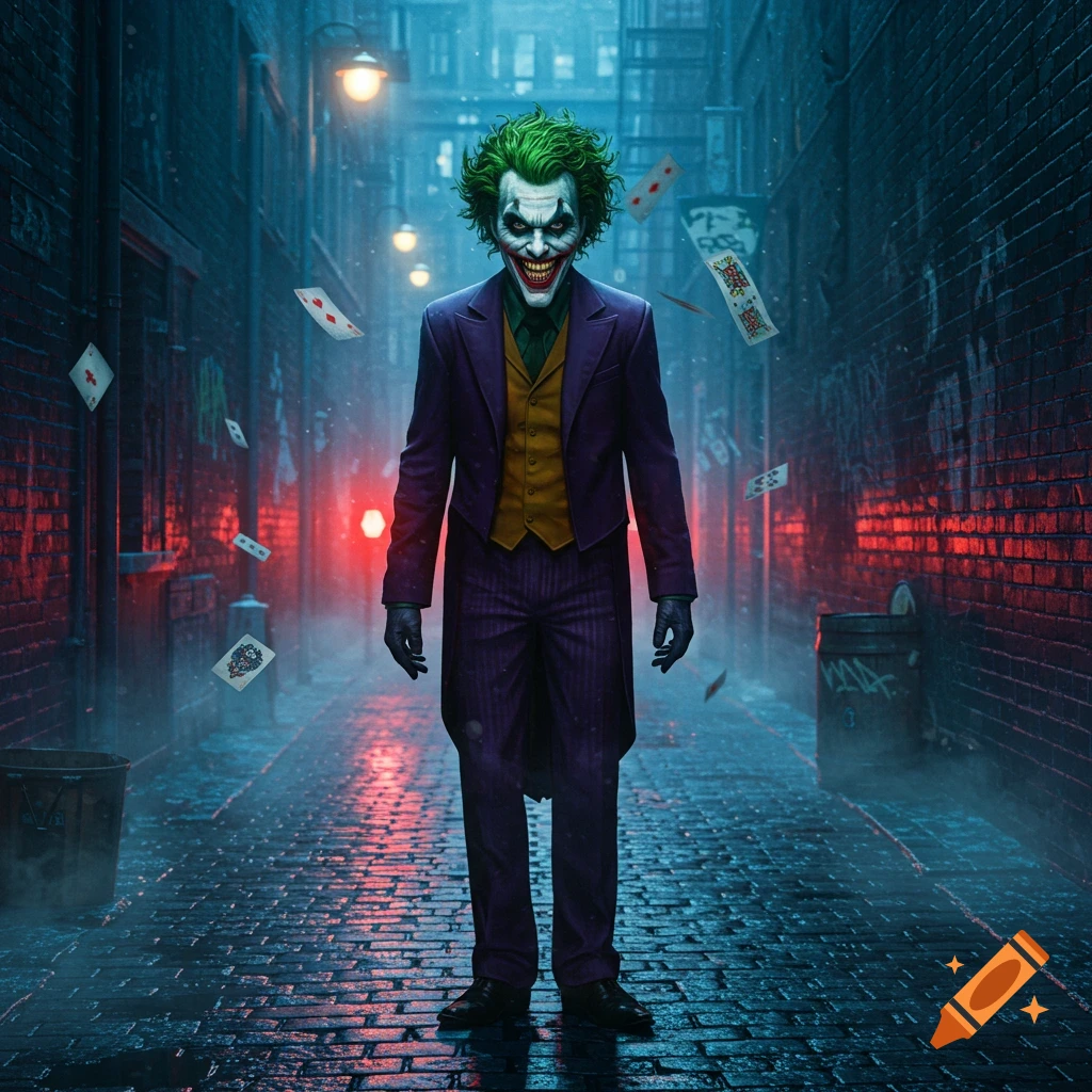 The Joker stands in a dark, wet alleyway with glowing streetlights and red reflections, surrounded by falling playing cards. He wears a purple suit and green hair, with a wide, menacing smile.
