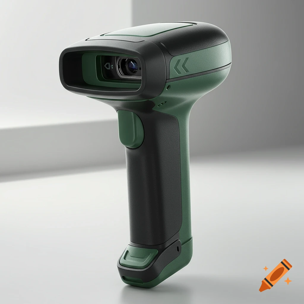 Photorealistic green and black handheld barcode scanner with a camera lens and directional arrows.