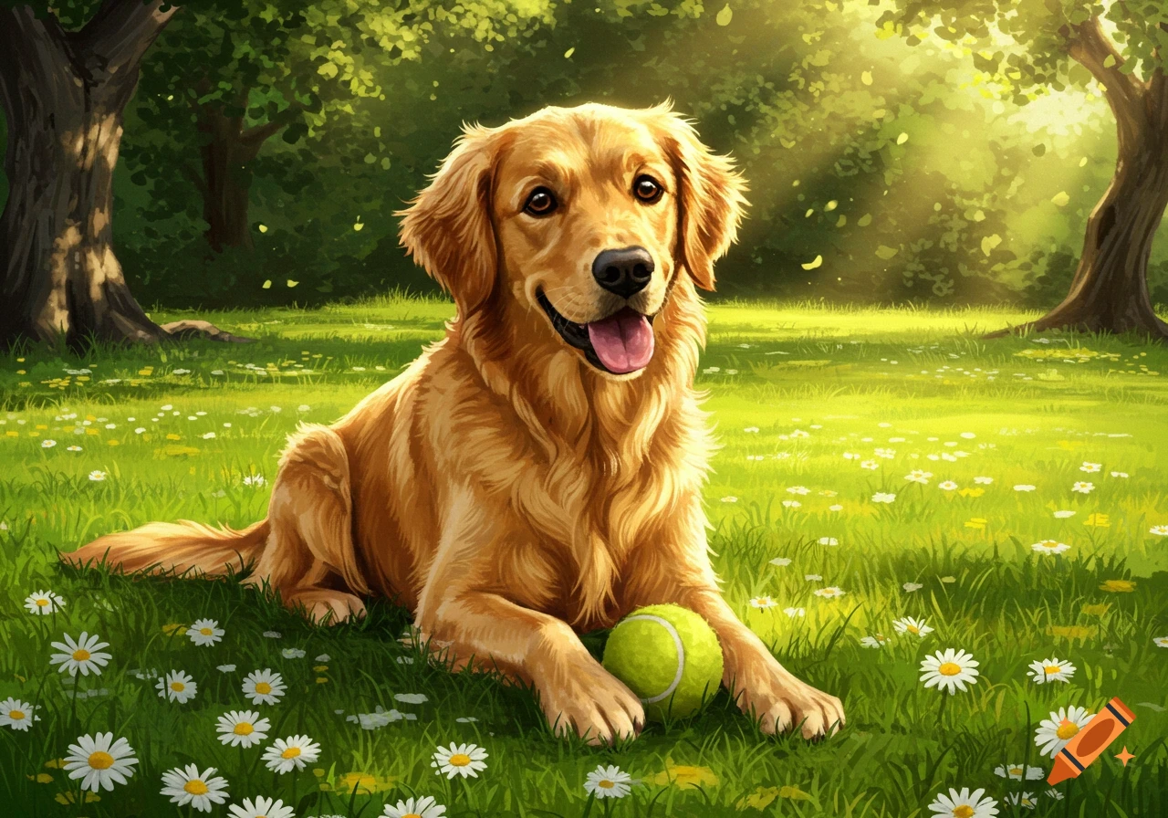 A golden retriever dog with its tongue out lies in a sunny, green field with white flowers, a tennis ball under its paw.
