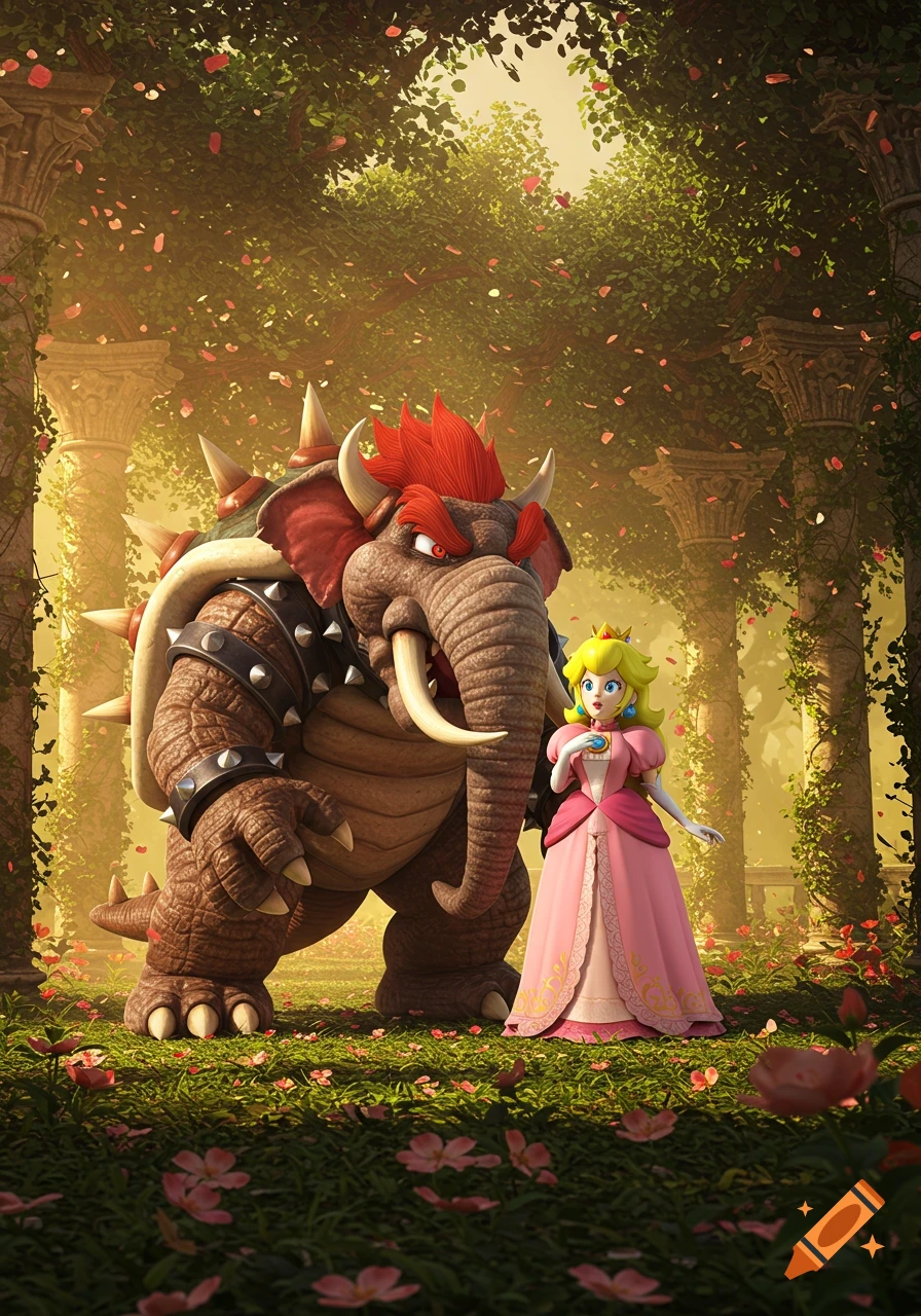 Princess Peach and elephant-Bowser stand in an overgrown fantasy garden with ancient columns and falling petals.