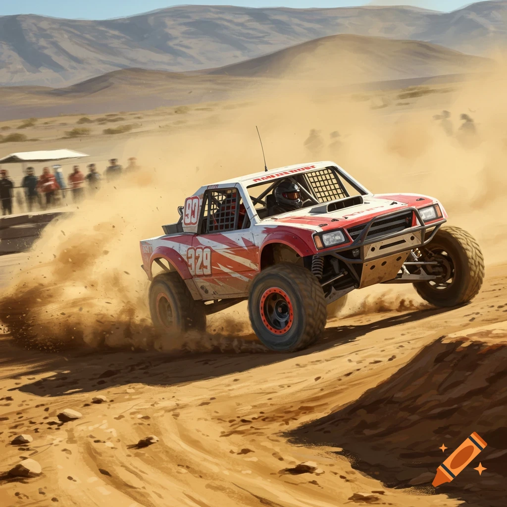A red and white off-road racing truck kicks up dust as it speeds over a desert track with mountains in the background.