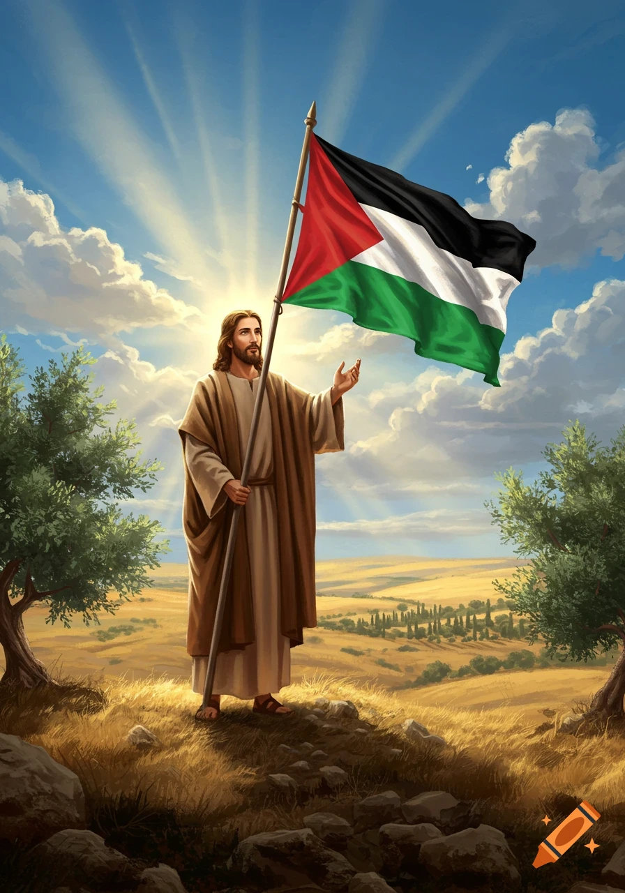 An illustration of Jesus in a robe standing on a sun-drenched hill, holding the Palestinian flag against a bright sky.