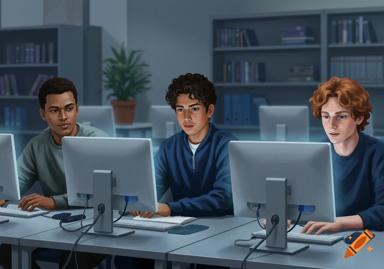 Three diverse male students at individual desktop computers in a dimly lit lab, focused on screens. Digital illustration style.