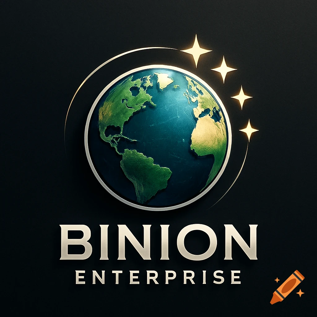 A metallic globe logo with continents, a silver ring, and four golden stars on a dark background above 'BINION' and 'ENTERPRISE' text.