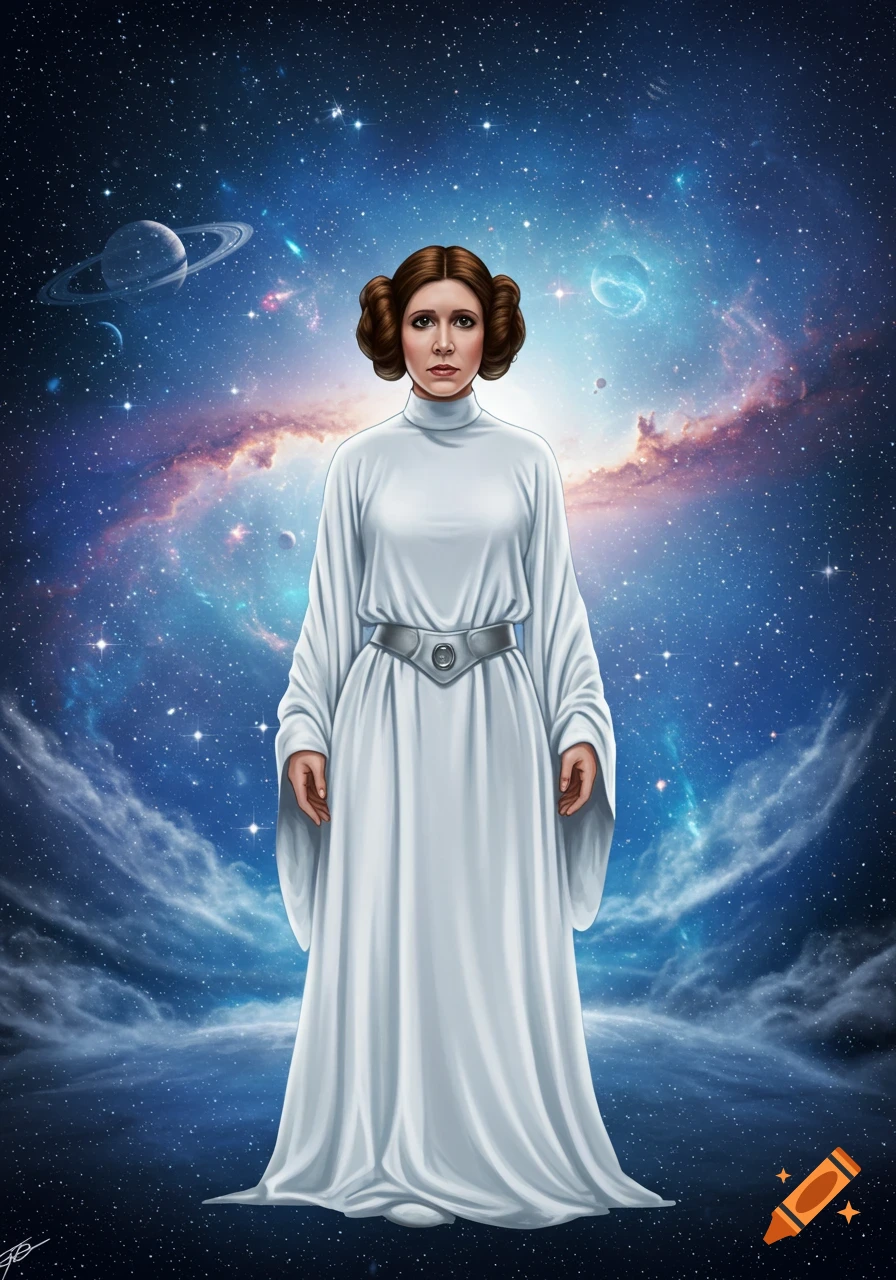 An illustration of Princess Leia in her white robe and iconic hair buns, standing against a vibrant cosmic background with stars, nebulae, and planets.