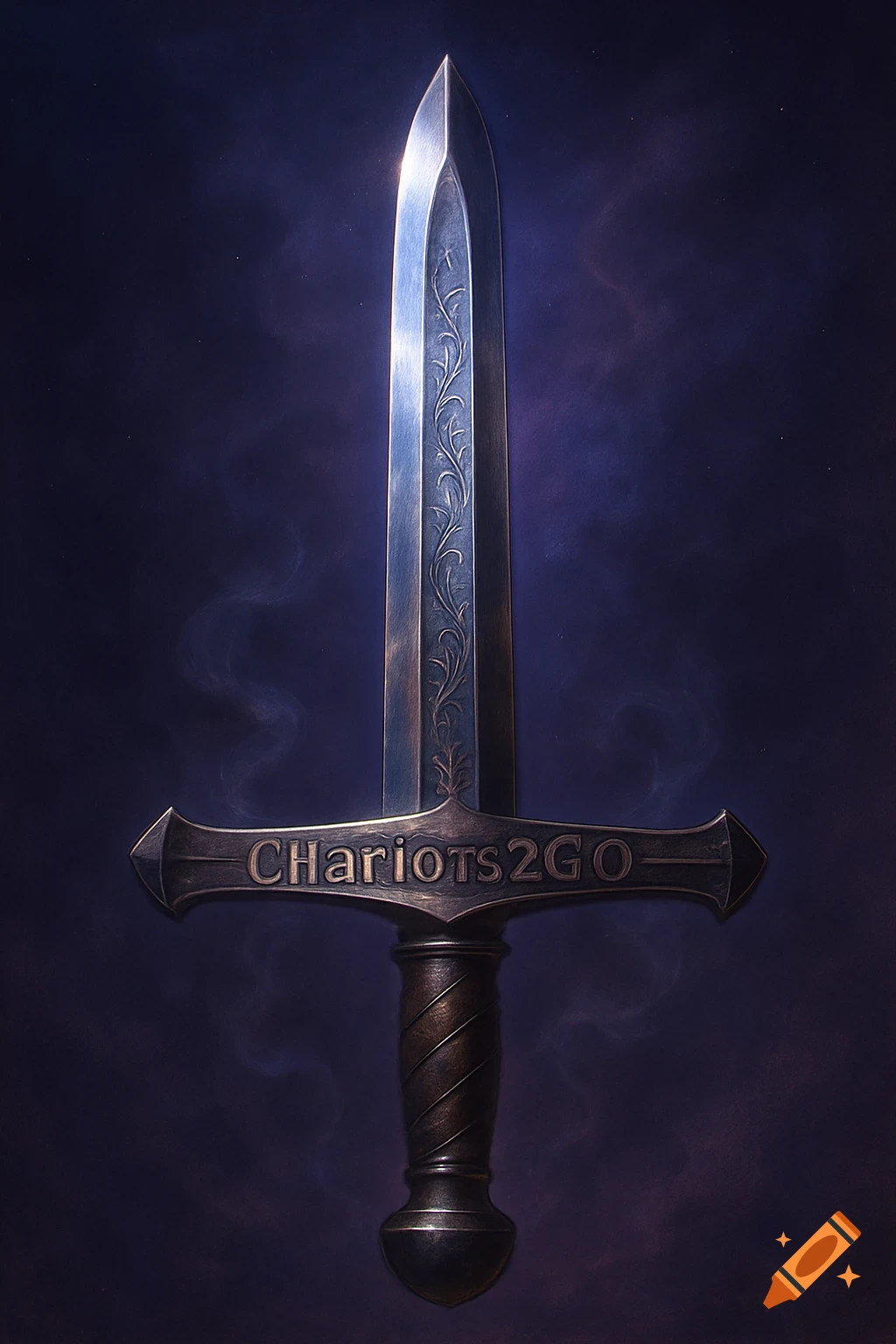An ornate, gleaming sword with a decorative crossguard inscribed with "CHariots2GO" against a dark, smoky background.