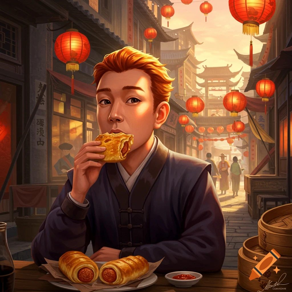 A ginger-haired man in traditional attire eats a sausage roll in a vibrant Asian street market with red lanterns, digital painting style.