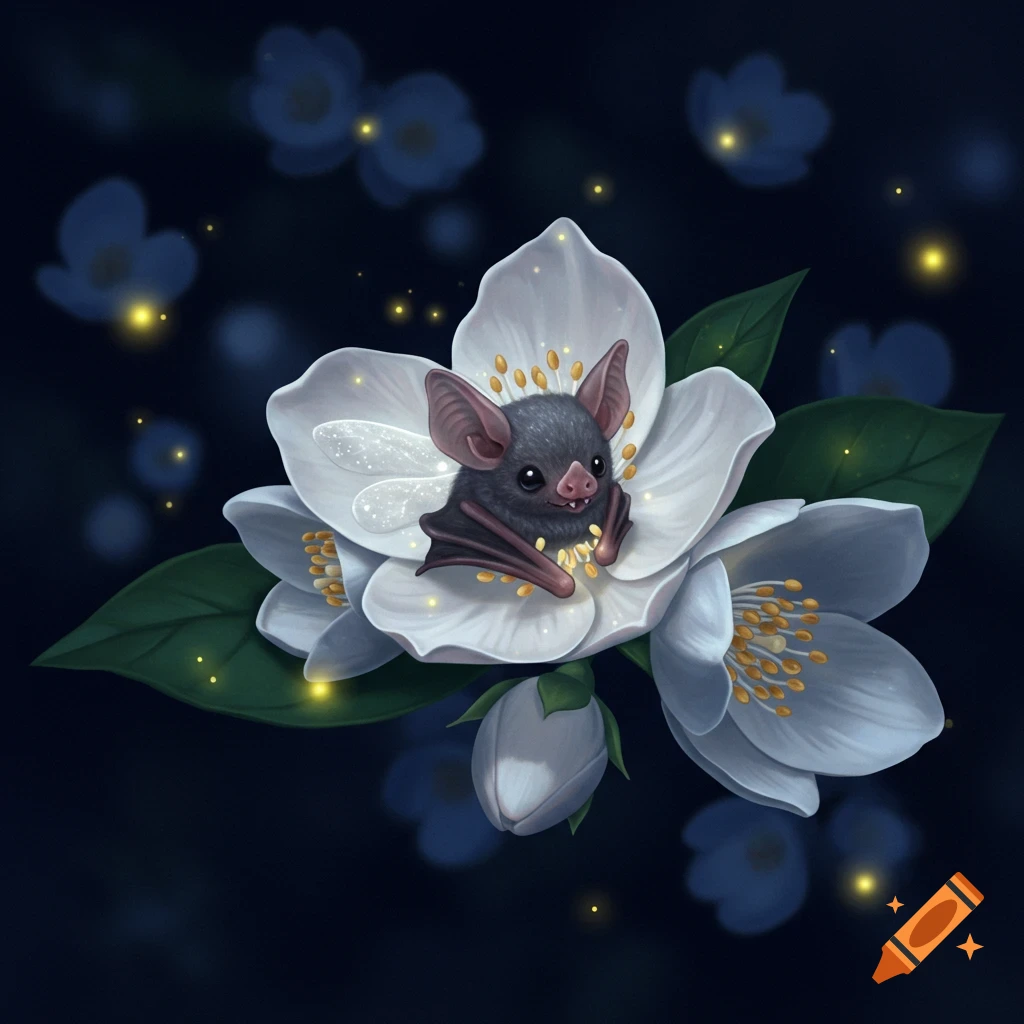 A cute, dark grey bat with large ears nestled in the center of a white jasmine flower, glowing fireflies in the dark background. Digital art style.