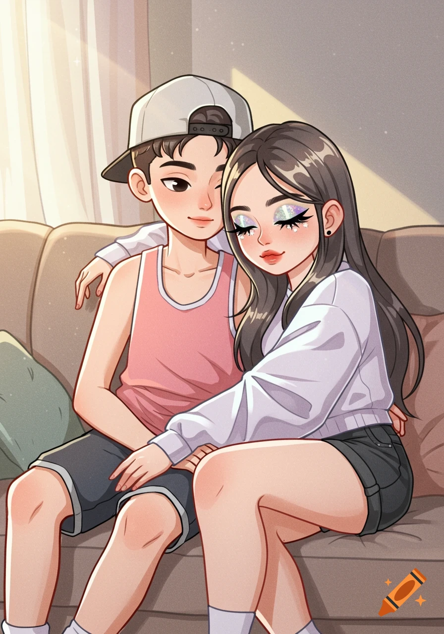 A cartoon couple sits on a couch, hugging. The boy wears a cap and tank top, the girl a white top and shorts.