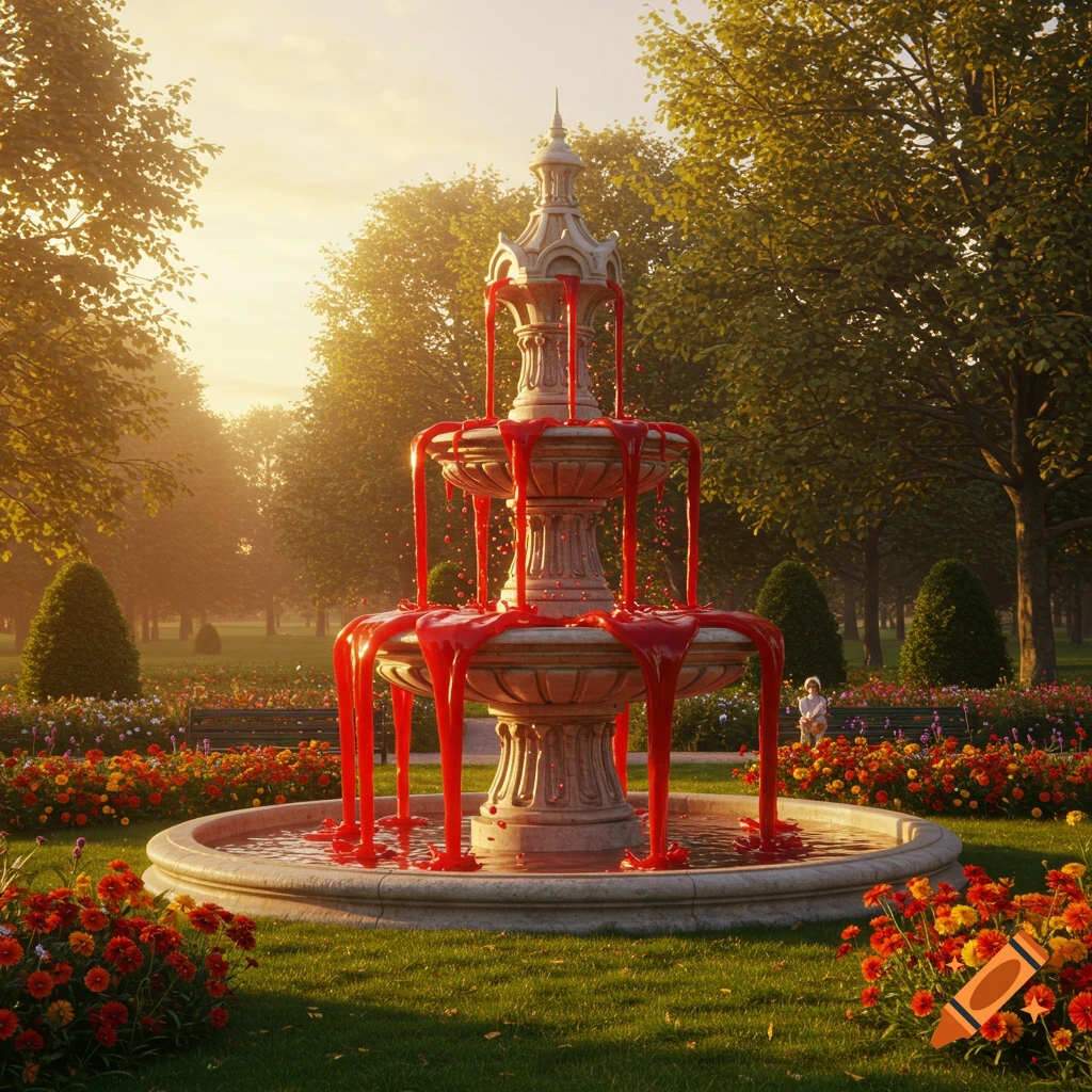 A three-tiered stone fountain in a sunny park pours thick red liquid (ketchup) into its basin, surrounded by green grass and colorful flowers.