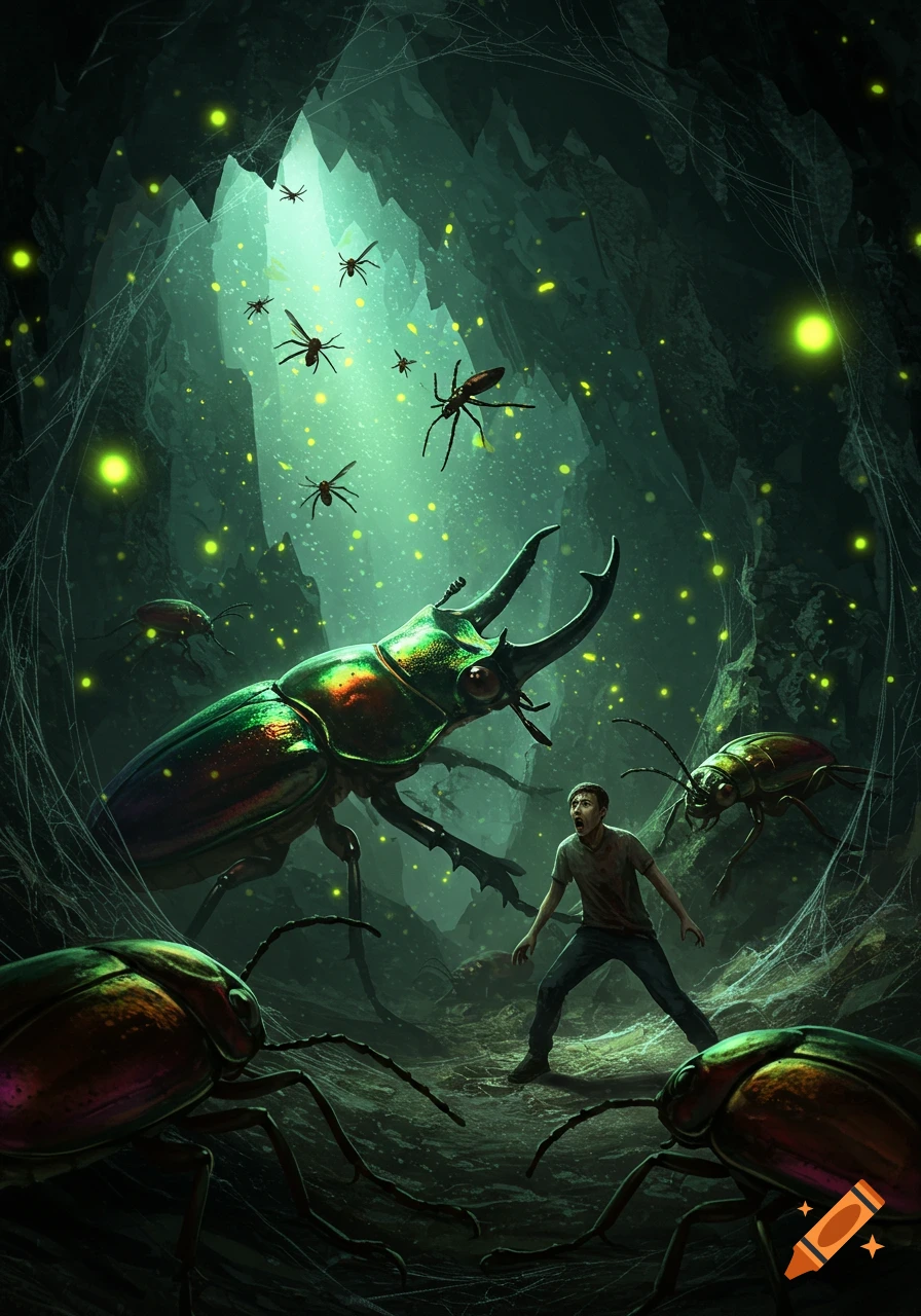 Illustration of a terrified man surrounded by giant, glowing insects and spiderwebs in a dark cave.