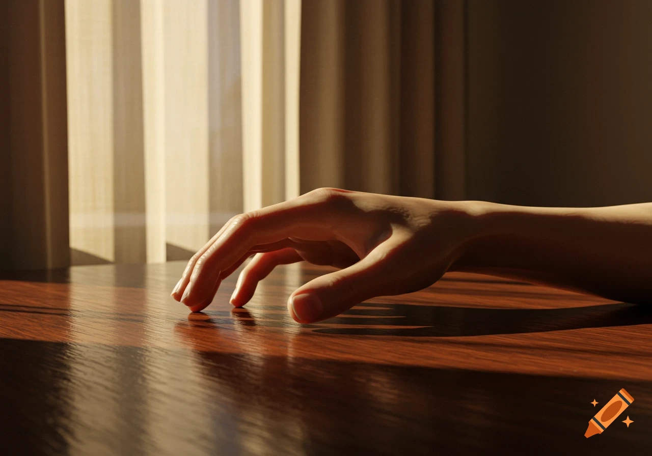 A human hand rests on a glossy wooden table, illuminated by sunlight filtering through vertical blinds in the background.