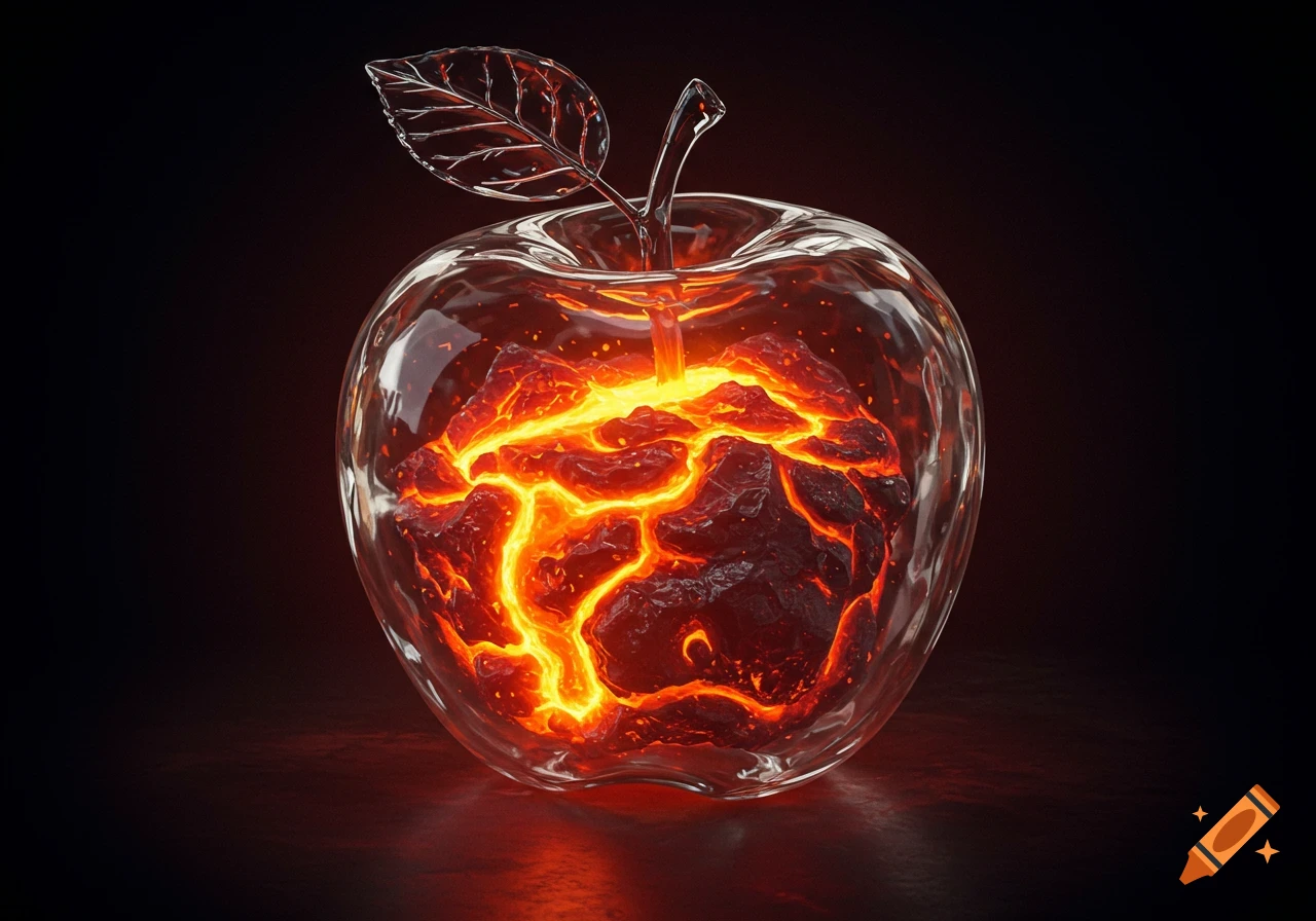 A glowing lava core contained within a clear glass apple, set against a dark background.