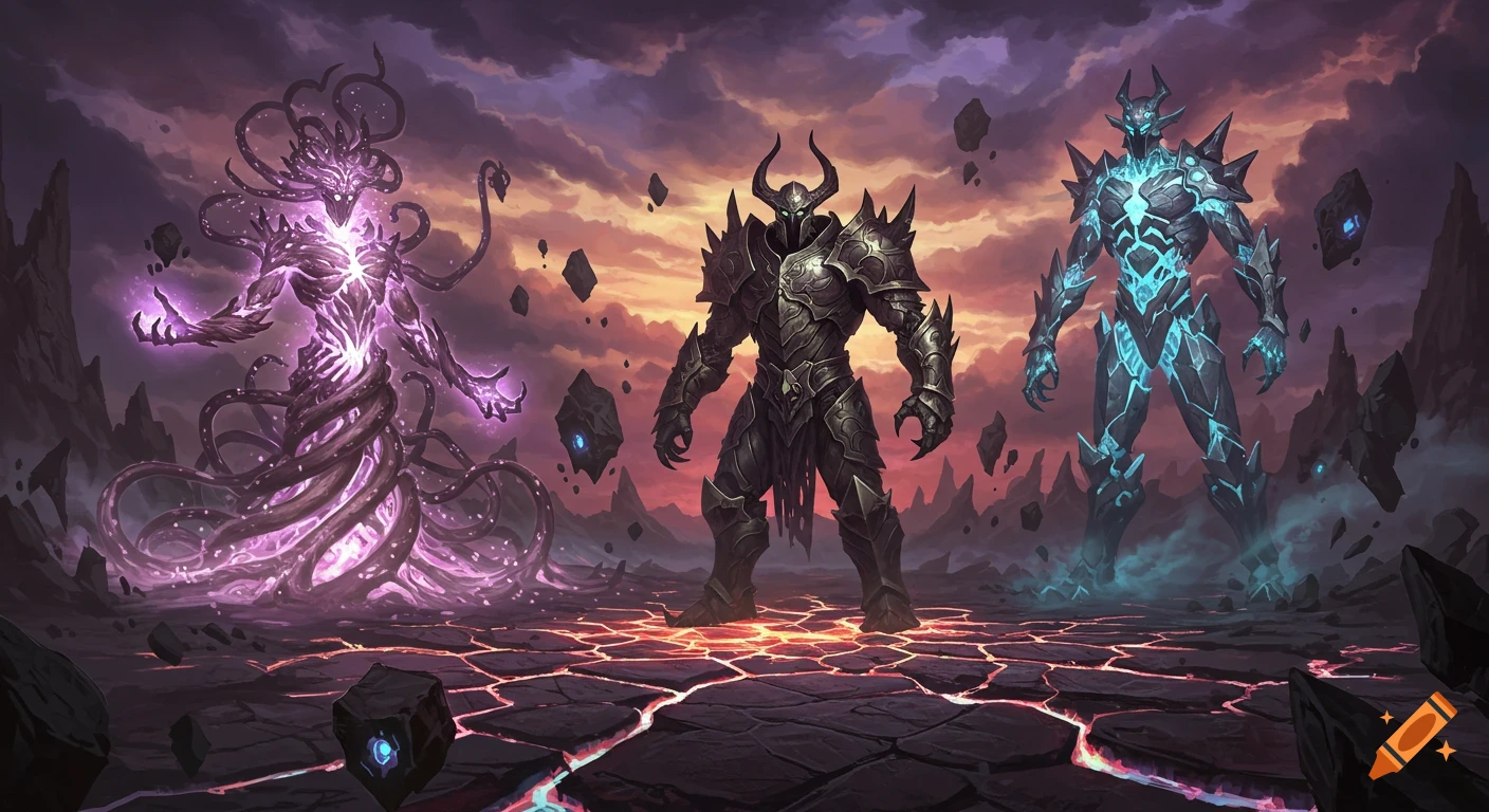 Epic fantasy art of three colossal beings: a tendril monster, an armored warrior, and a crystalline giant on an alien landscape.