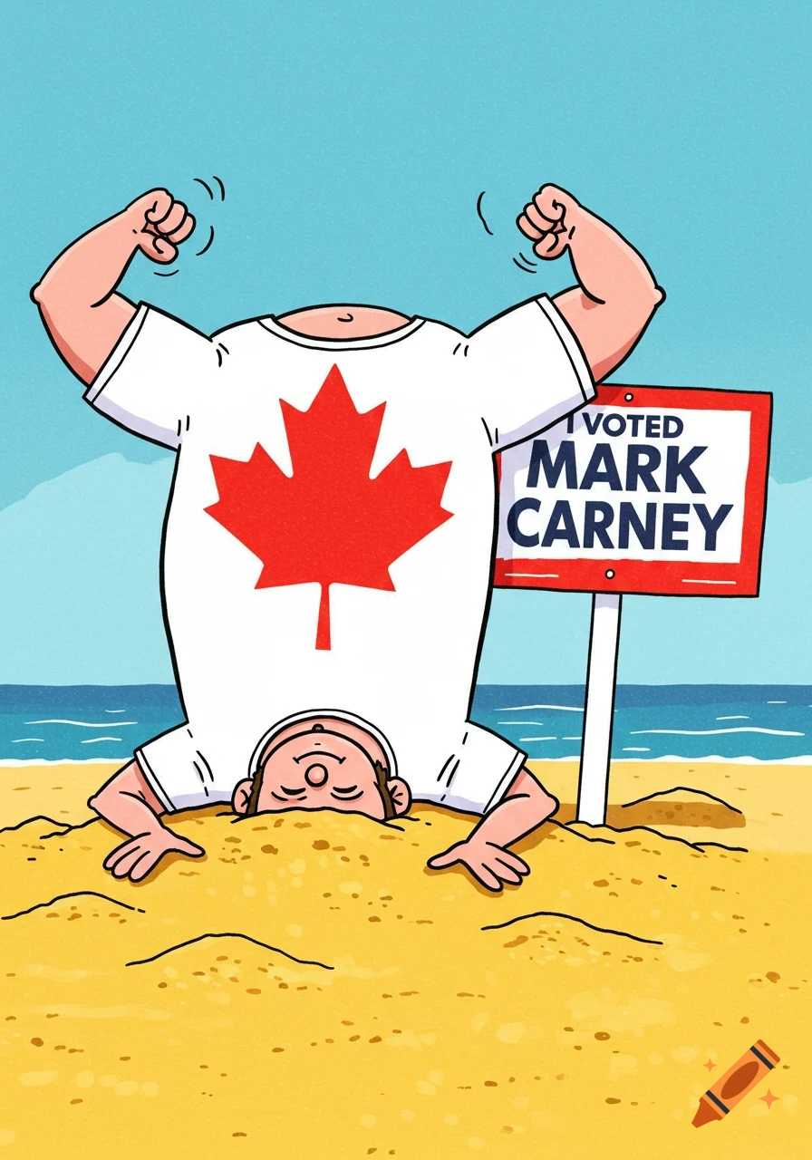 Cartoon of a person with a Canadian maple leaf shirt, head buried in the sand on a beach, next to an 'I Voted Mark Carney' sign.