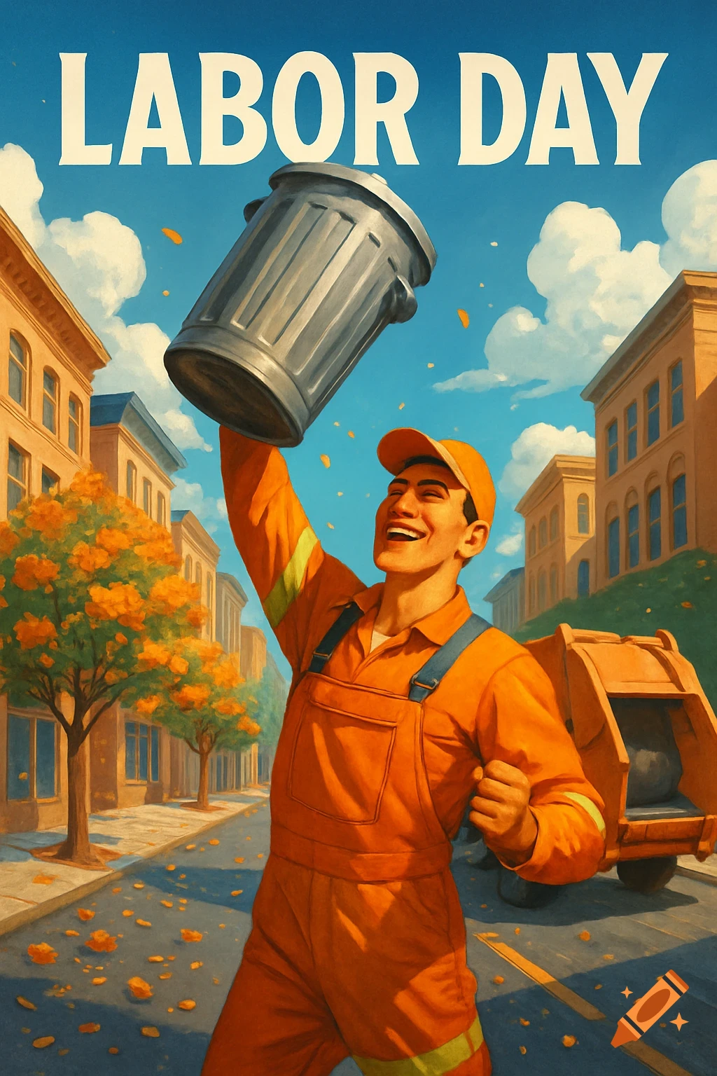 Retro-style illustration of a happy garbage collector in orange overalls lifting a trash can on a city street, with 'LABOR DAY' text.