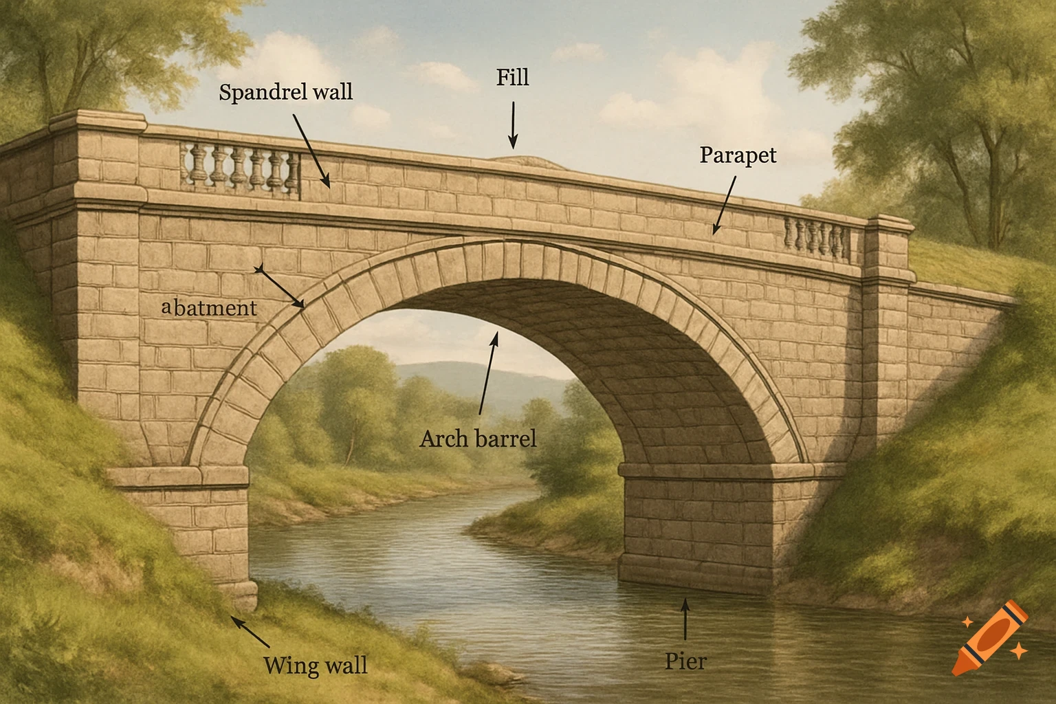 An illustrative painting of a masonry arch bridge over a river with labels and arrows identifying its structural components.