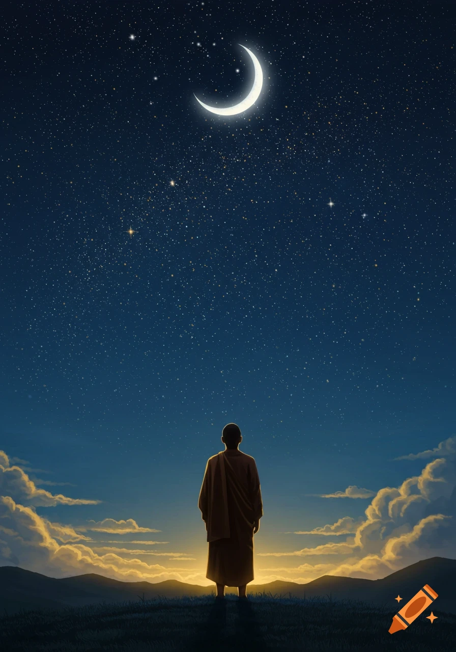 A lone figure, appearing to be a monk, stands on a hill gazing at a vast starry night sky with a crescent moon and luminous clouds.
