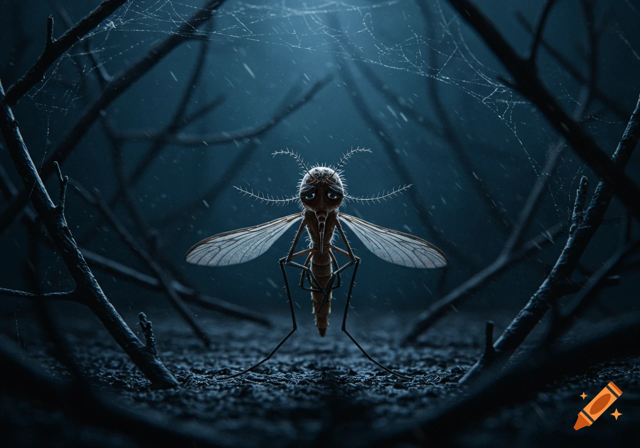 A stylized, sad-faced mosquito stands on dark ground surrounded by bare branches and spiderwebs in a dark, rainy environment.