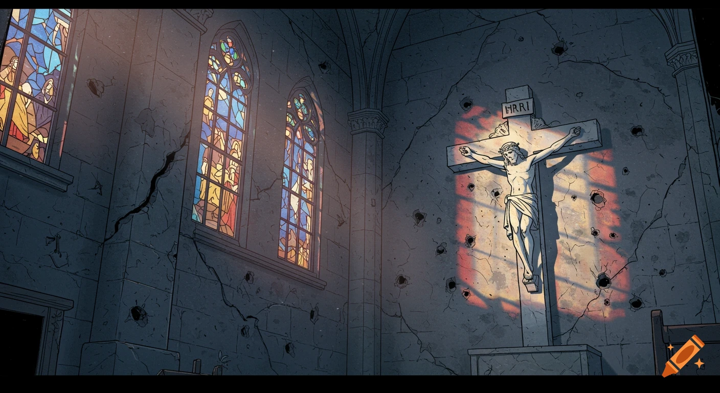 Comic book style illustration of a damaged church interior with a crucifix on a bullet-riddled wall, stained-glass windows.