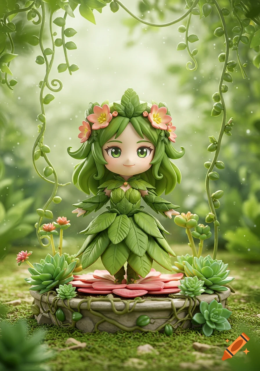 A cute Nendoroid-style figure of a plant queen, with green leaf hair and dress, standing in a lush green forest setting.