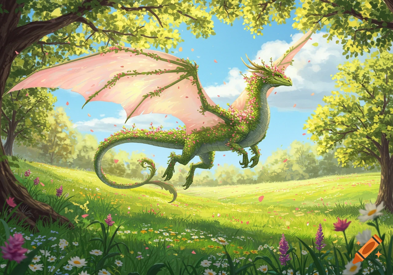 A vibrant green dragon adorned with pink flowers and large pink wings flies over a sunny spring meadow filled with colorful wildflowers.