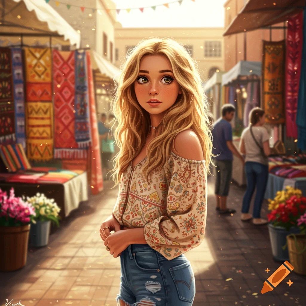 A stylized digital illustration of a young blonde woman with green eyes, wearing a floral off-shoulder top and ripped jeans shorts, standing in a sunny market.