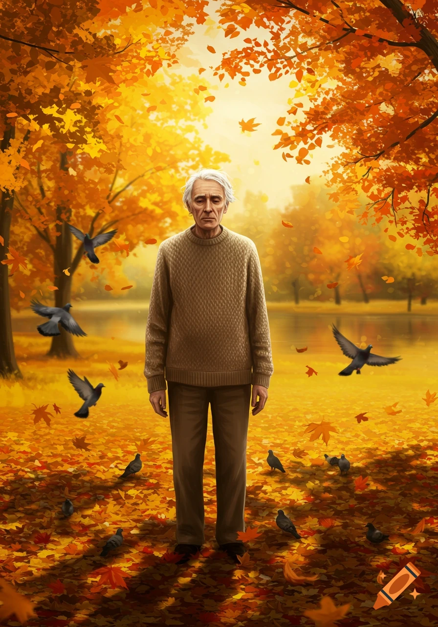 A solemn elderly man stands amidst fallen autumn leaves and pigeons in a vibrant, golden park.