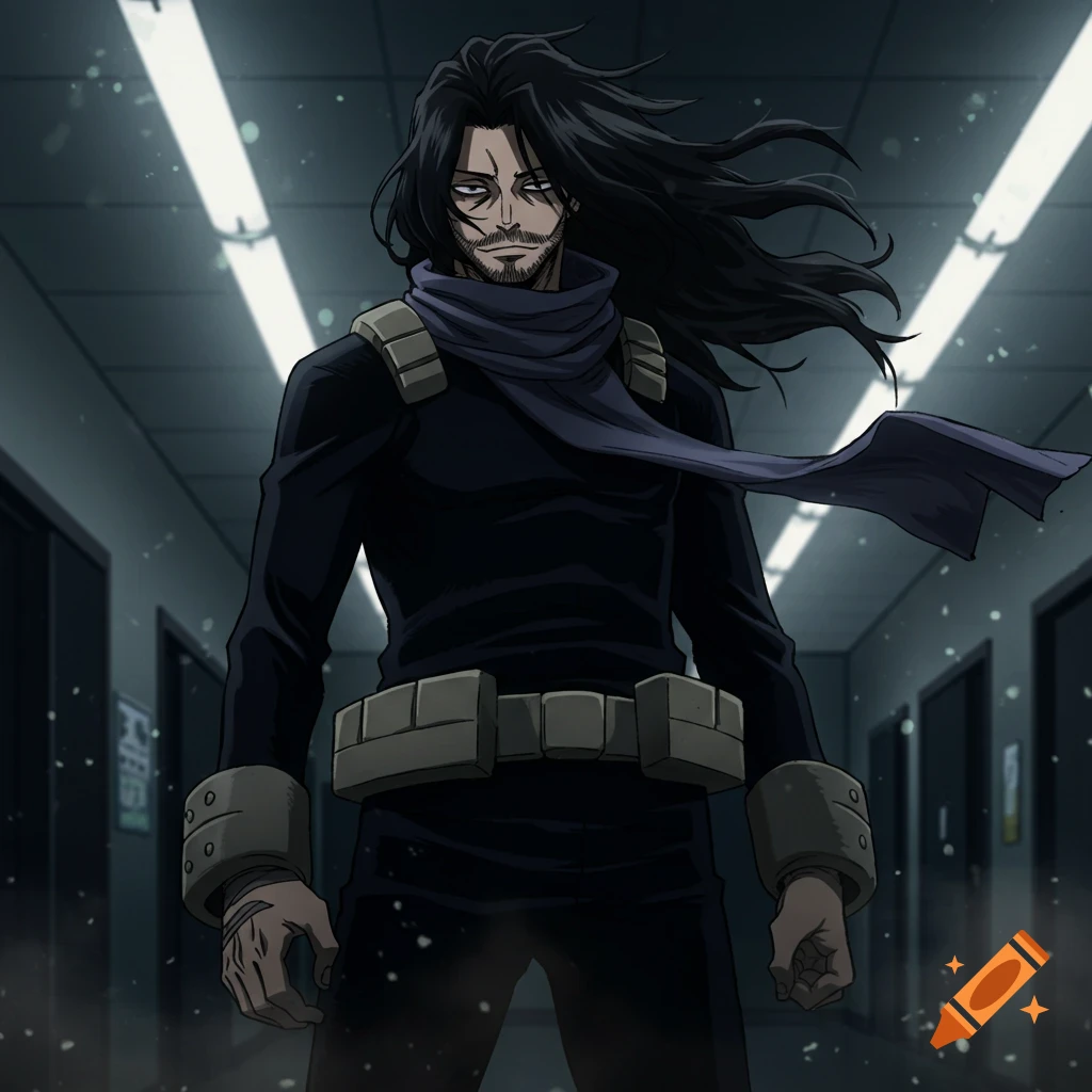 Anime character Mr. Aizawa with long black hair and a dark scarf, standing in a dimly lit hallway.