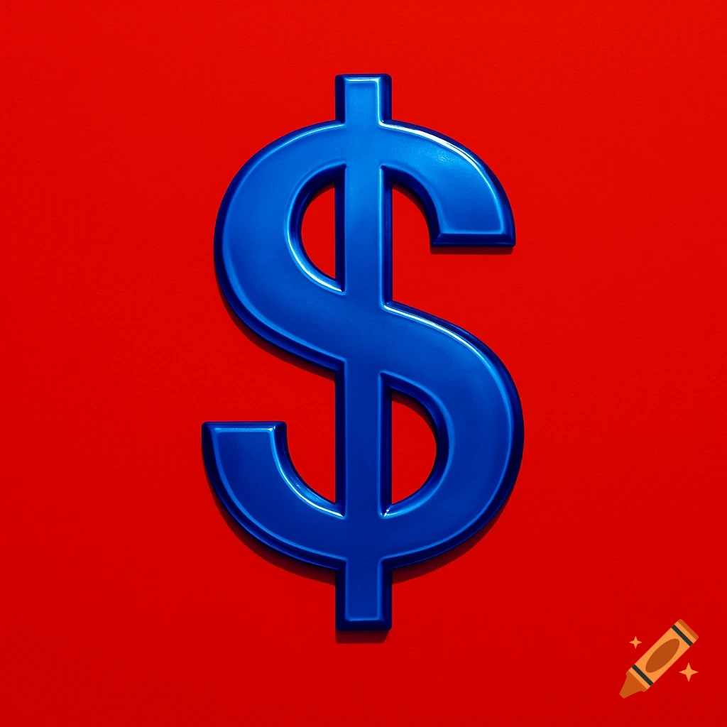 A shiny blue dollar sign centered on a solid red background.
