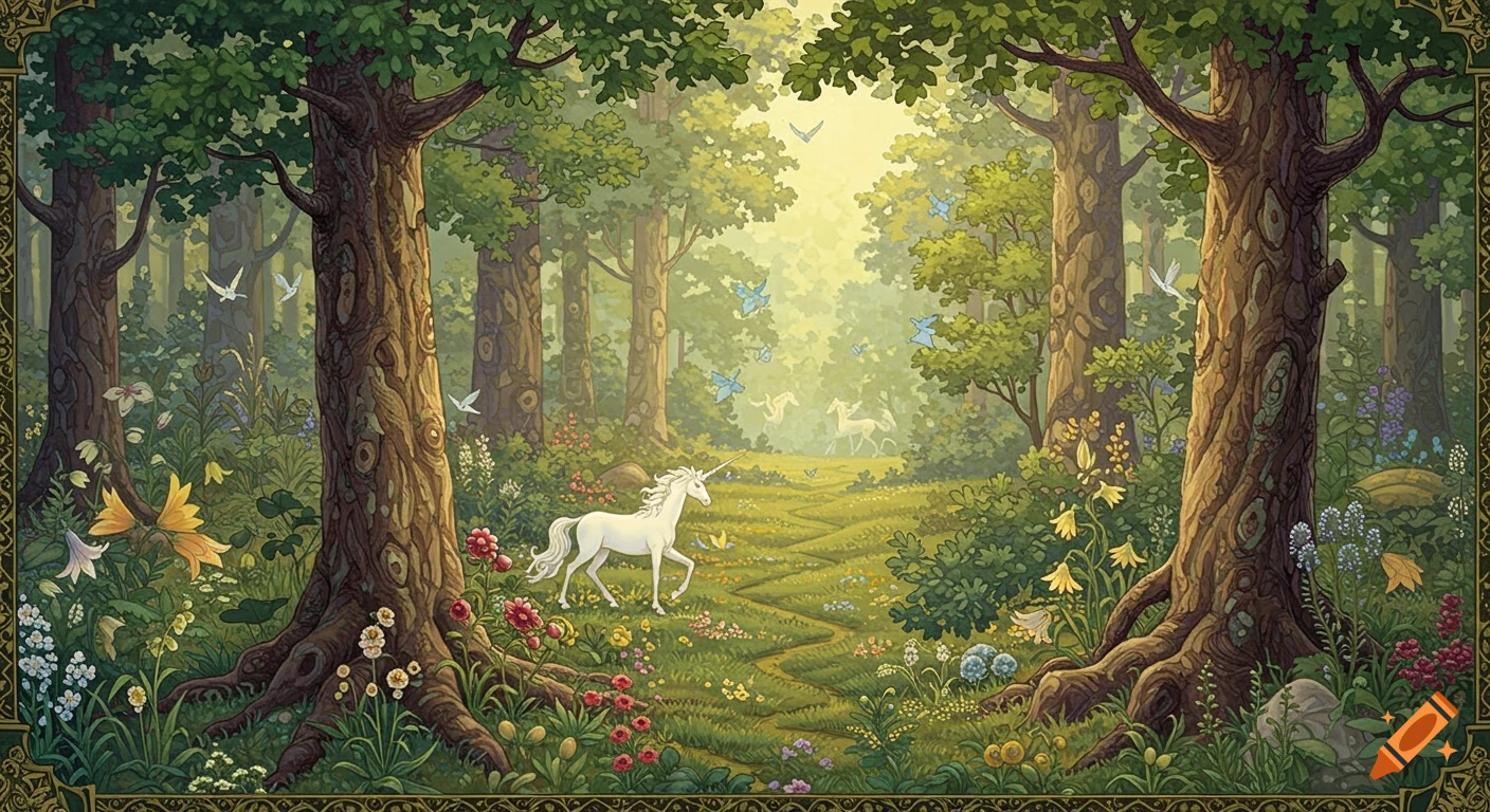 A vibrant illustration of a magical forest with a white unicorn walking on a winding path, surrounded by lush trees, flowers, and birds.