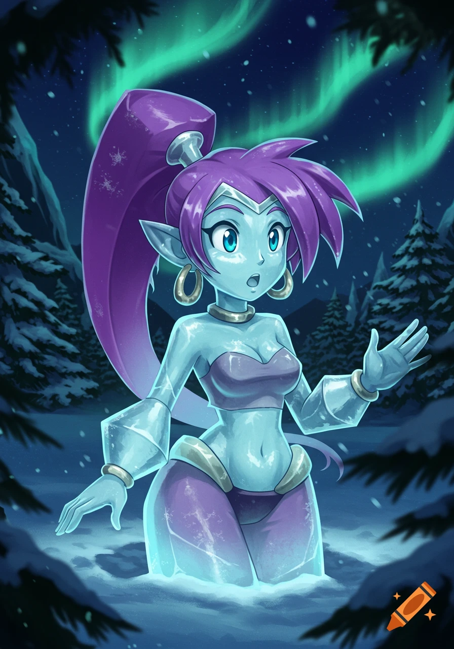Cartoon of an ice-covered Shantae-like genie with purple hair, surprised in a snowy forest under green northern lights.