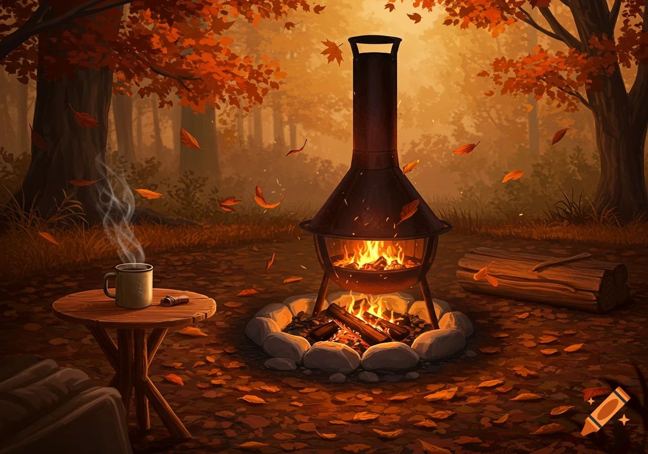 A cozy autumn scene with a steaming mug on a wooden table next to a chiminea fire pit, surrounded by fallen leaves in a warm forest.