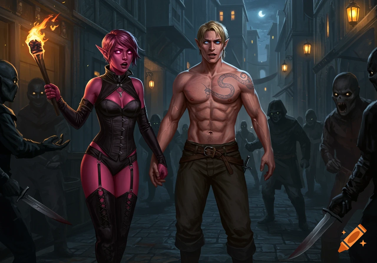 A pink-skinned female elf with pink eyes in a black corset holds a torch, holding hands with a shirtless blonde human male with a snake tattoo, as shadowy, monstrous figures with glowing eyes surround them on a dark city street.