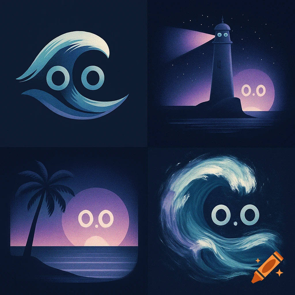 A 2x2 grid of dark, moody illustrations. Scenes include a stylized wave, a lighthouse, a palm tree at sunset, and an abstract wave, each with white O.O or 0.0 symbols.