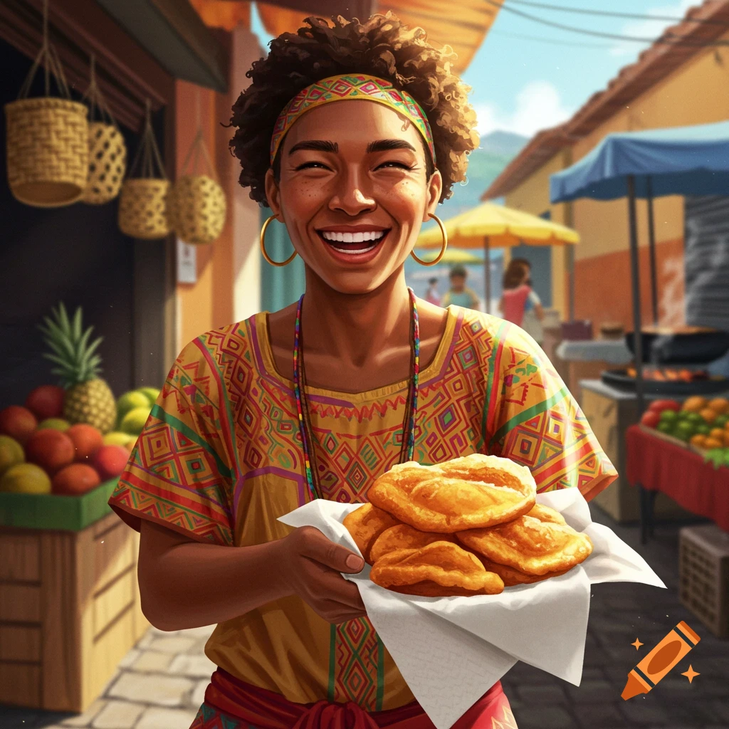 A smiling Venezuelan woman holds fried dough in a colorful street market illustration.