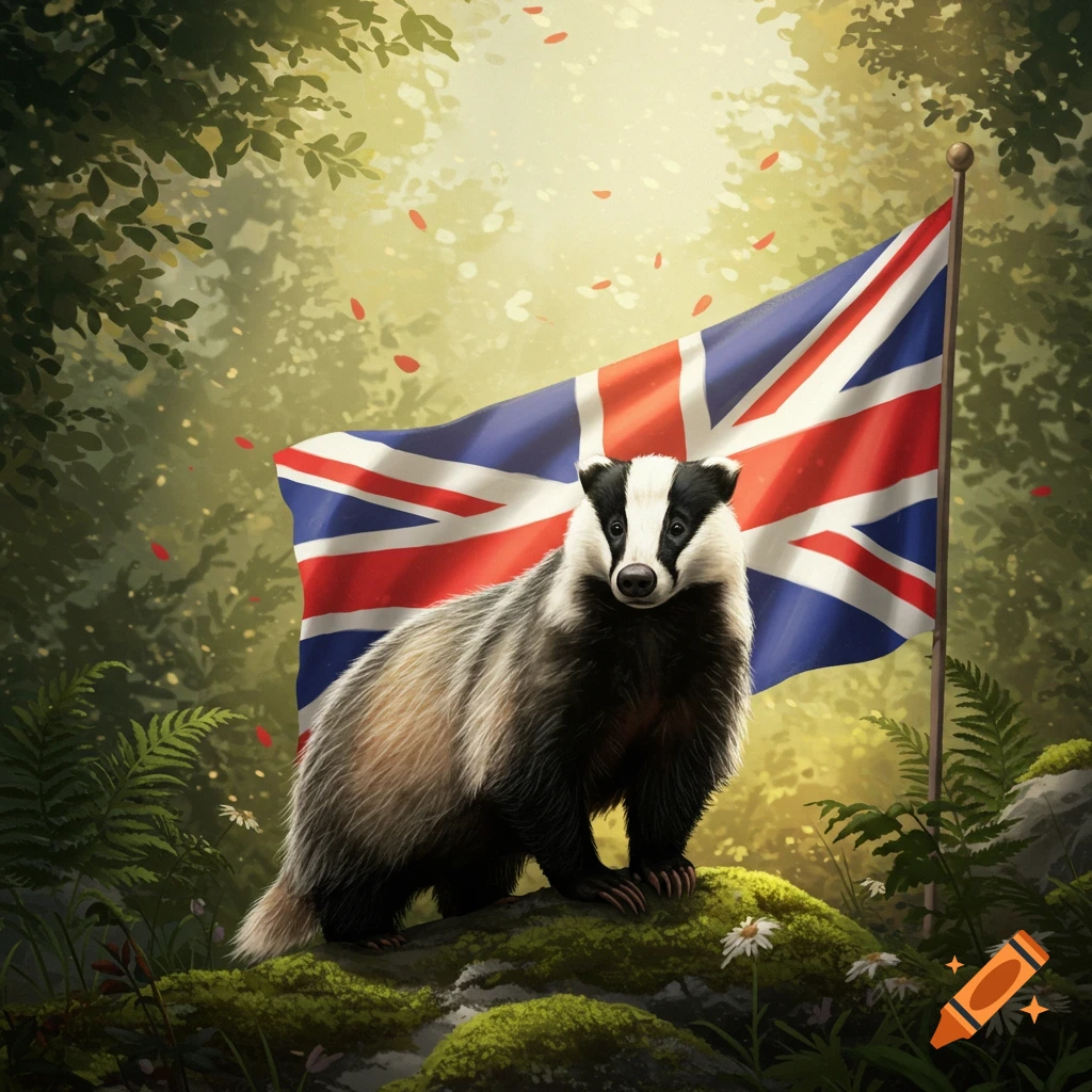 A realistic badger stands on a mossy rock in a sun-dappled forest, with a large Union Jack flag behind it.