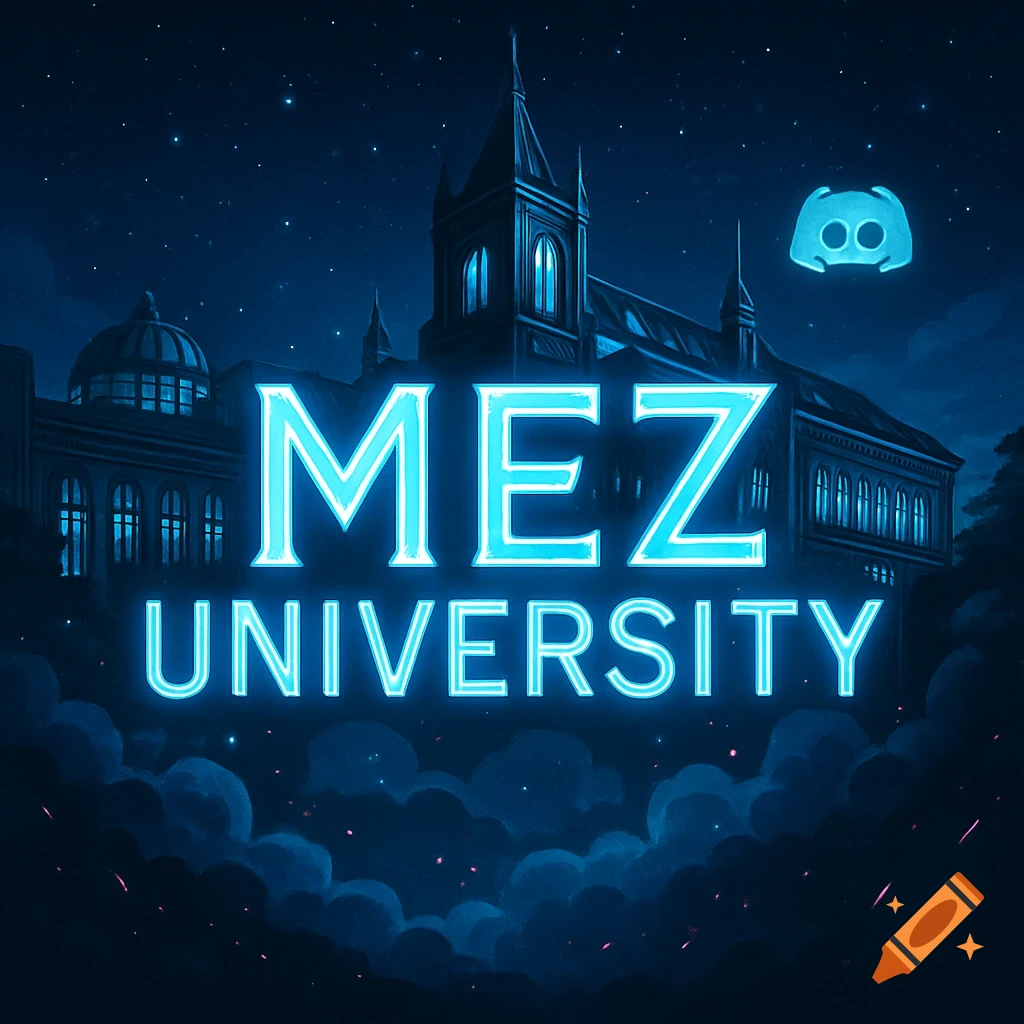 A neon sign for 'MEZ UNIVERSITY' in front of a gothic-style building under a starry night sky, with a glowing Discord logo.
