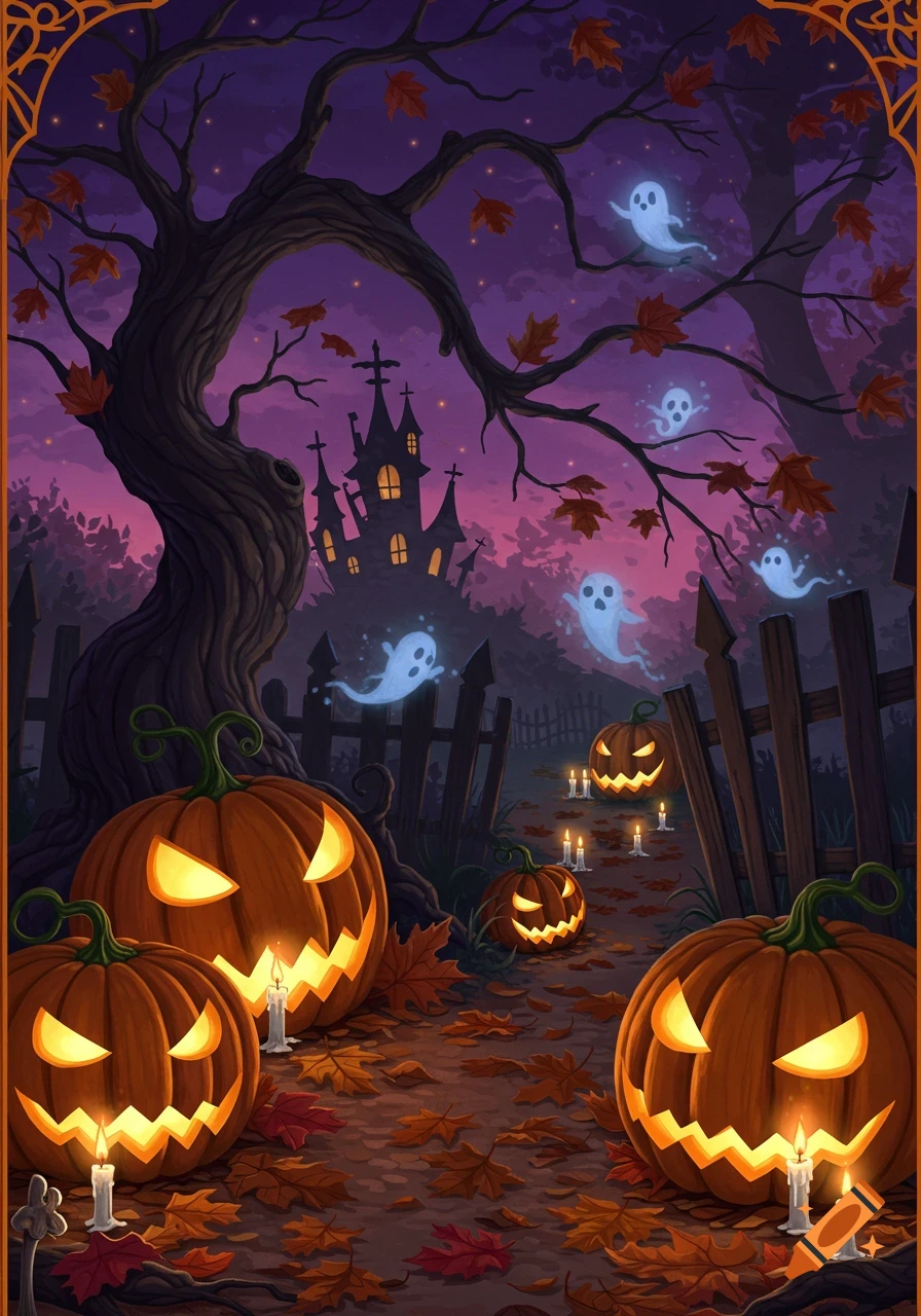 A whimsical Halloween illustration with jack-o'-lanterns, candles, floating ghosts, a spooky house, and a gnarled tree at dusk.