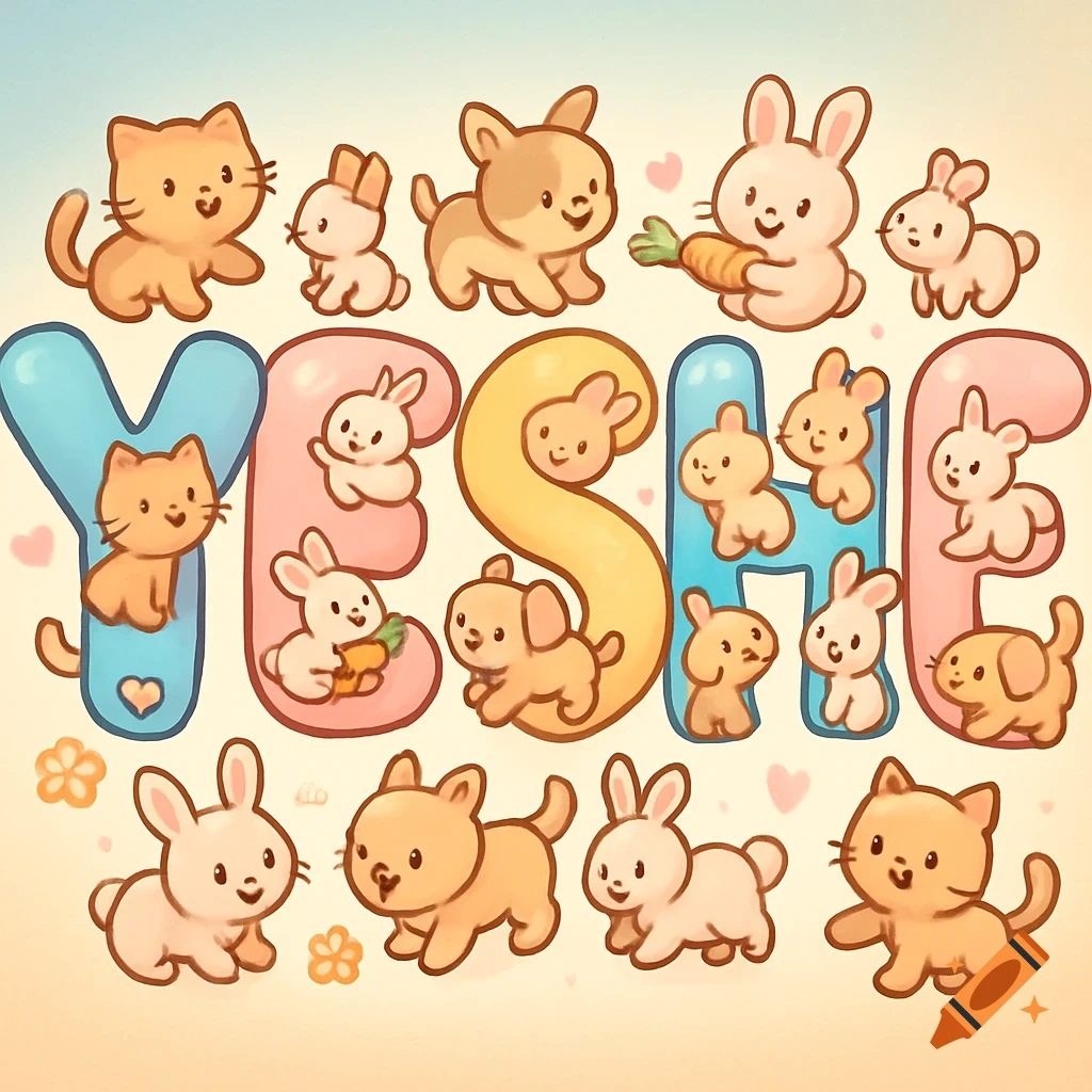 Cute cartoon animals, including cats, bunnies, and puppies, surrounding and within colorful bubble letters spelling 'YESHE'
