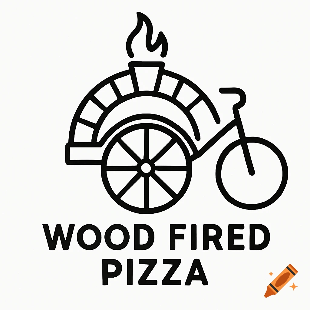 Black line art logo of a bicycle with a wood-fired pizza oven on its back, with flames rising from the chimney. Text below reads 'WOOD FIRED PIZZA'.