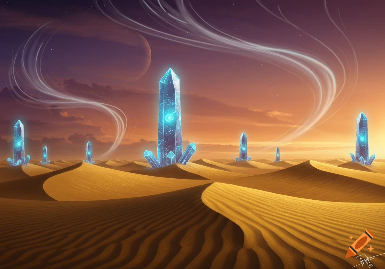 A breathtaking alien desert landscape with towering glowing blue crystals under a vibrant sunset sky with a large planet.