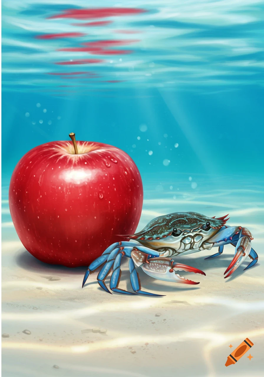 A vibrant red apple and a blue crab rest on a sandy ocean floor under clear blue water with light rays.