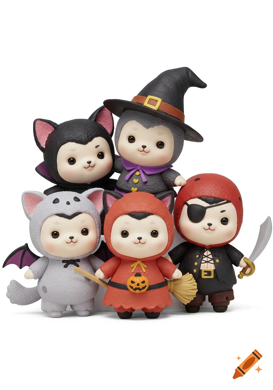 Five cute doll-like characters in Halloween costumes: a vampire, witch, bat, pumpkin witch, and pirate, on a white background.
