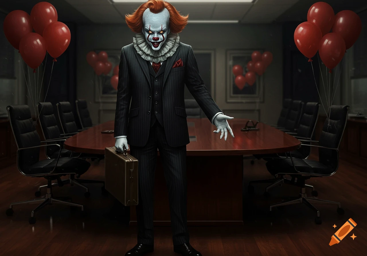 A photorealistic image of Pennywise the clown in a pinstripe business suit, holding a briefcase, standing in a dimly lit boardroom with red balloons.