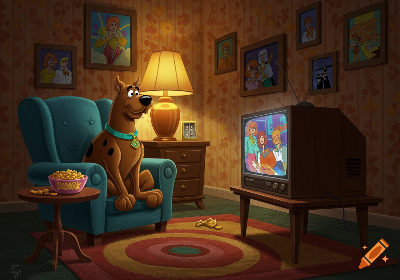 Scooby Doo watches a retro TV showing the Mystery Inc. gang from a blue armchair, with a bowl of 'SCOOBARK' snacks nearby.
