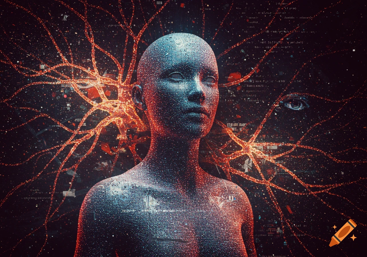 An abstract, pointillist artwork featuring a human-like digital figure made of data points, with glowing neural networks in the background and a single eye.