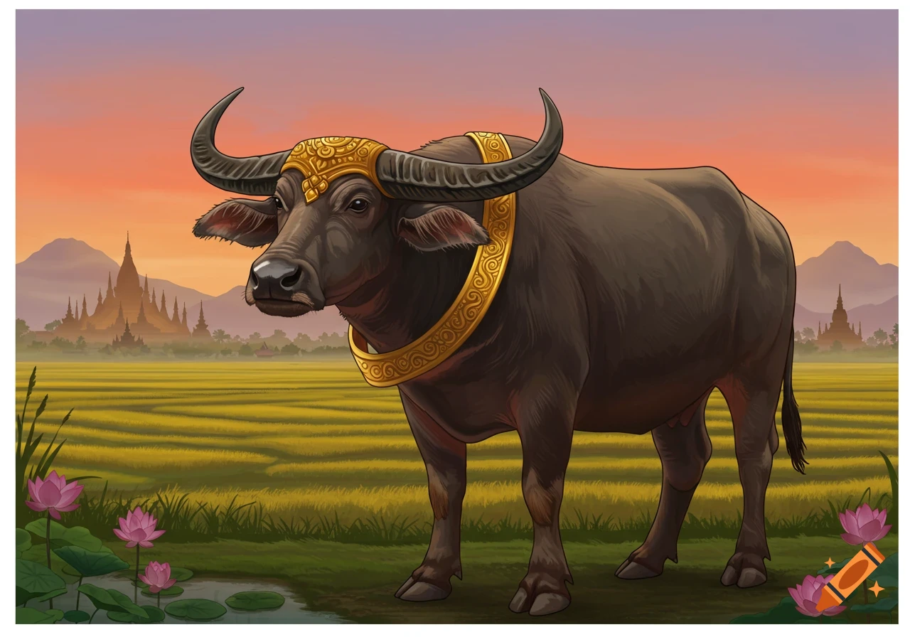 Illustrated water buffalo with gold adornments in a golden rice field with pagodas, sunset sky, and pink lotus flowers.