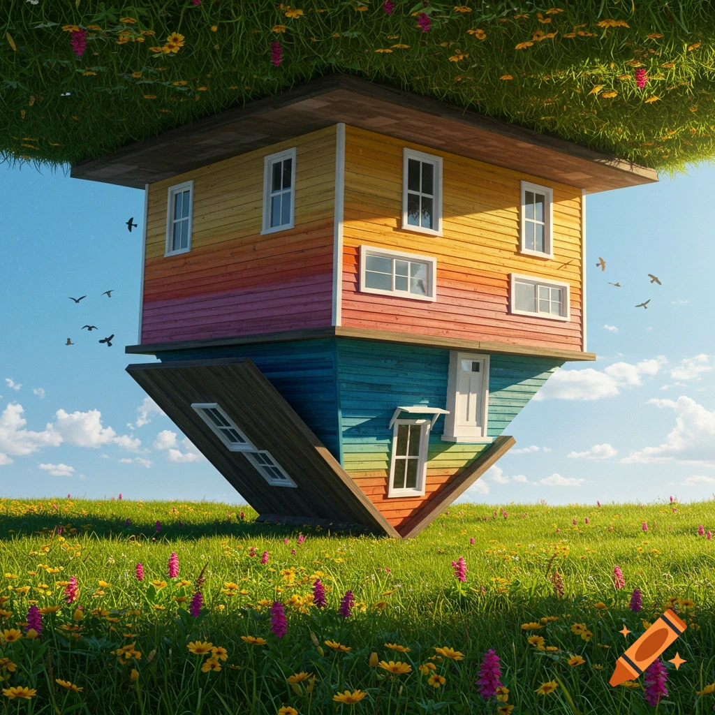 A colorful, rainbow-striped house stands upside down in a vibrant green field filled with yellow and purple wildflowers under a clear blue sky.